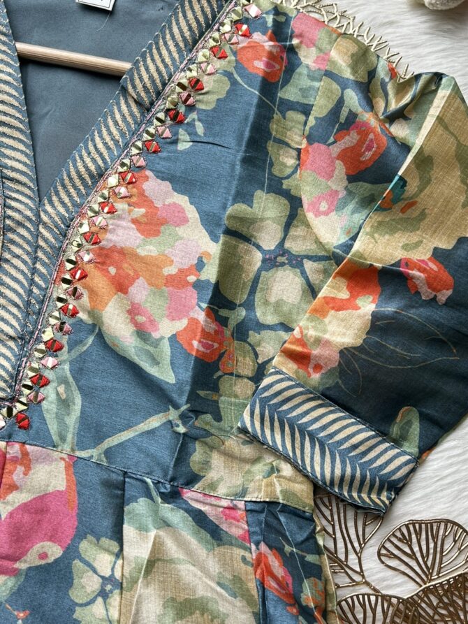 Pastel floral blue muslin Anarkali - Image 7