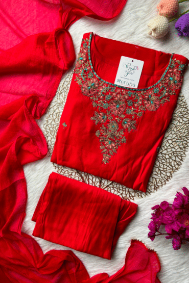 Orangish red chinon silk suit