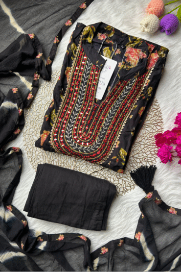 Black Collar Cotton Anarkali Set